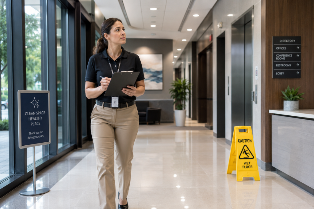 Cleaning supervisor doing a walkthrough inspection with a clipboard in an office hallway