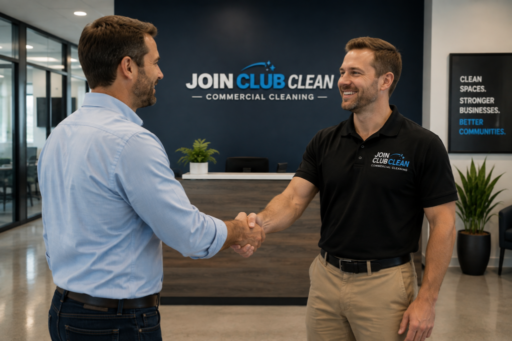 Business owner shaking hands with a Club Clean commercial cleaning representative