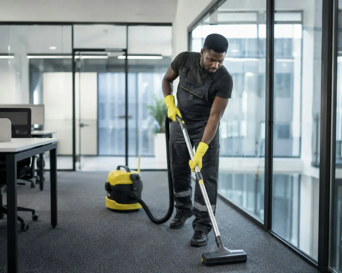 Commercial cleaner vacuuming office carpet—how often should your office be cleaned?