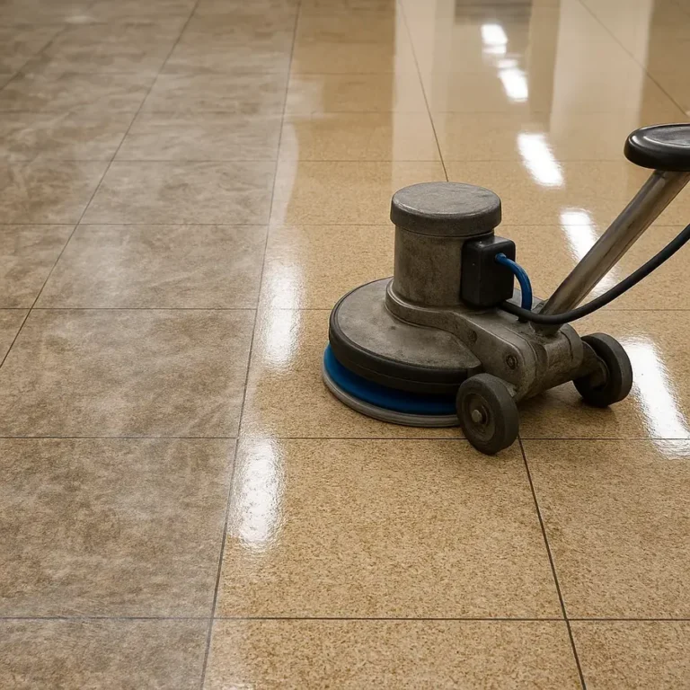 Floor buffer polishing a commercial tile floor after winter salt removal