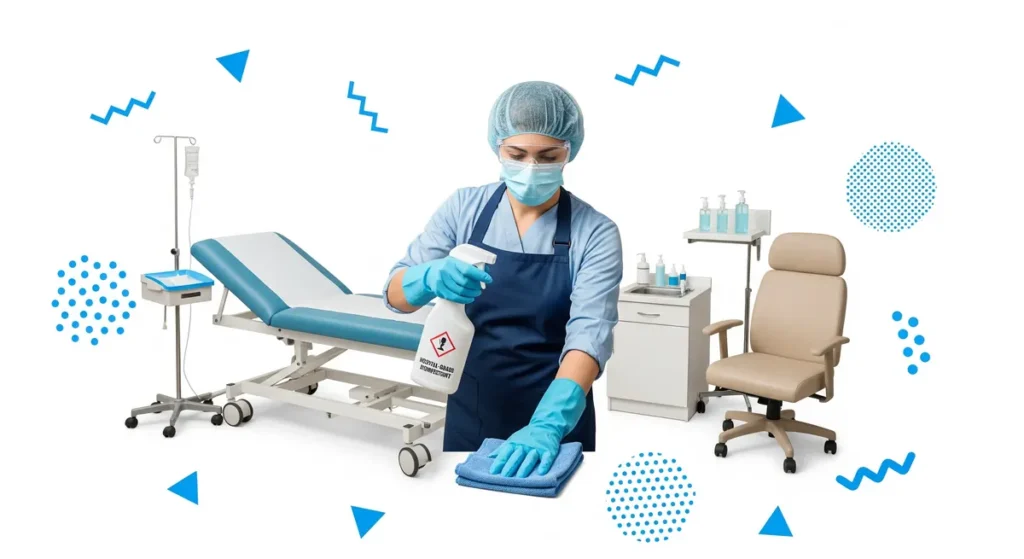 Cleaner disinfecting an exam room table and counter in a clinic