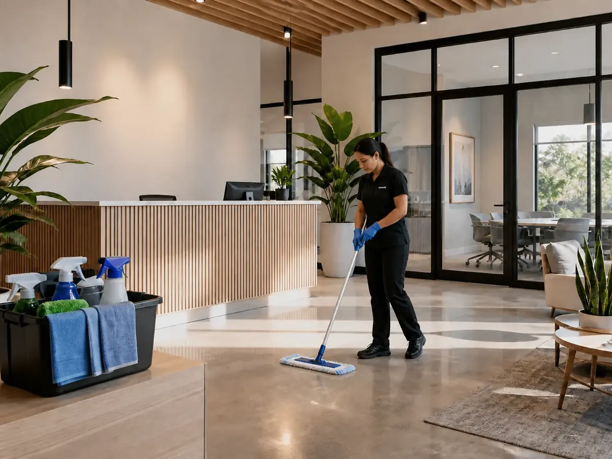 Cleaner dust mopping a polished office lobby floor